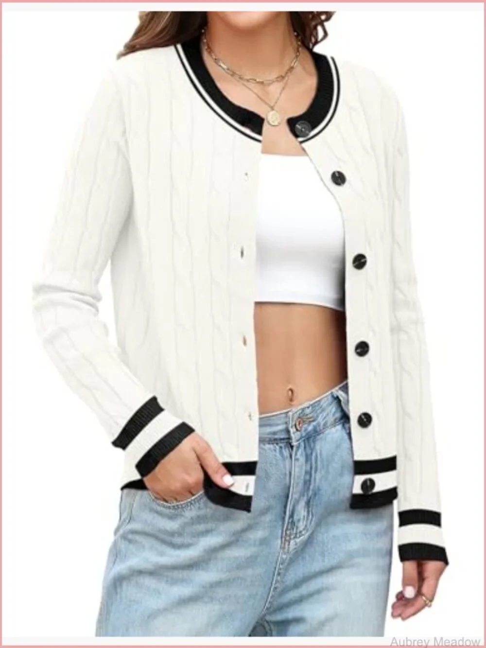 Cable Knit Long Sleeve Open Front Cardigan Sweater Crewneck Trendy Clothes
